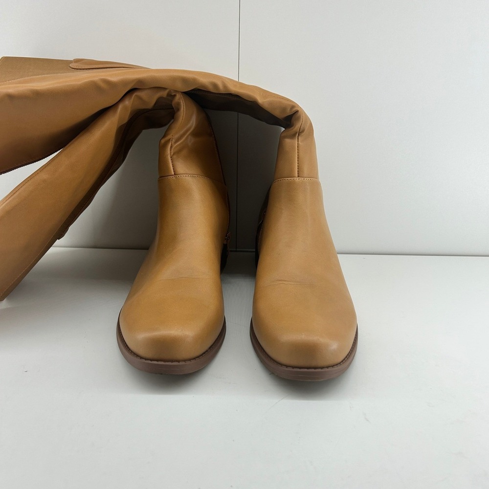 ZBY Tan Faux Leather Knee High Boots Women Size 10 Low Block Heel Zip Up Camel